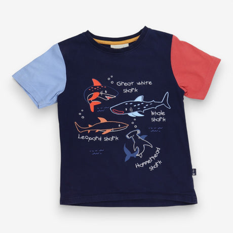 T-Shirt Navy Blue and Red Sleeves Shark Types