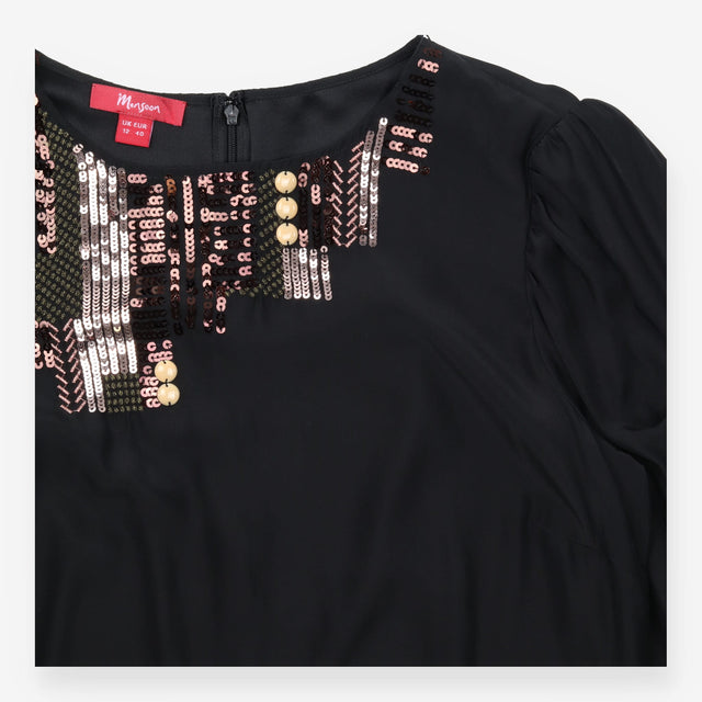 Black 100% Silk Asymmetrical Sequin Beaded Scoop N