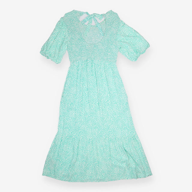Midi Dress Smocked Puff Sleeve Mint Green Printed