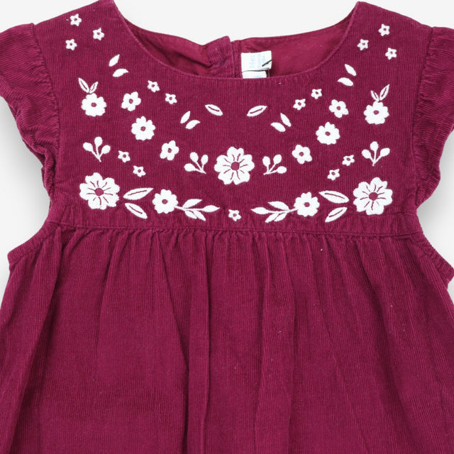 Plum cord dress with white flower applique