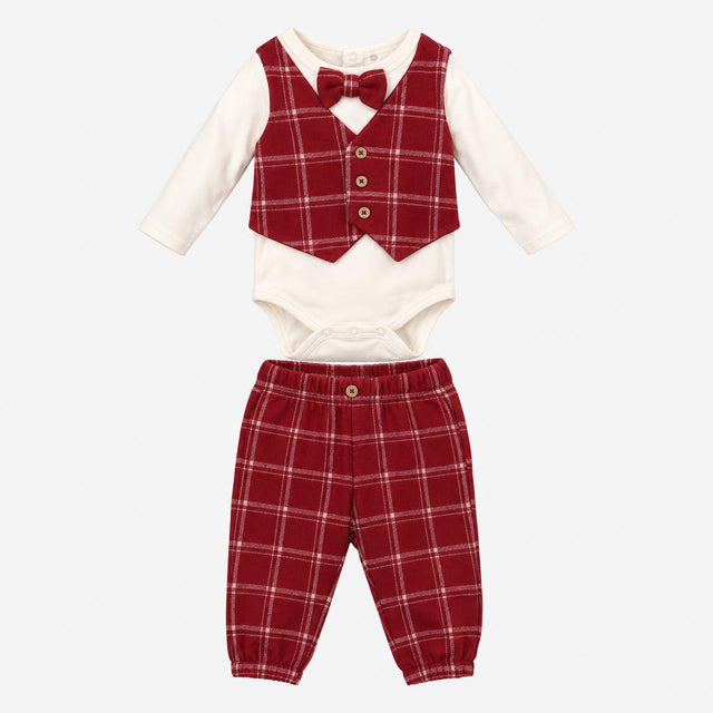 Bodysuit white long sleeves with red check waistco