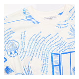 Dress Cream Blue Mediterranean Print Tie Waist T-S