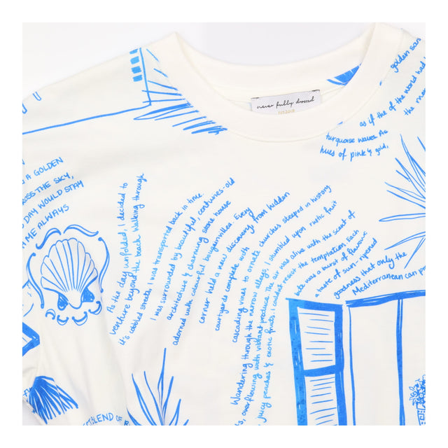 Dress Cream Blue Mediterranean Print Tie Waist T-S