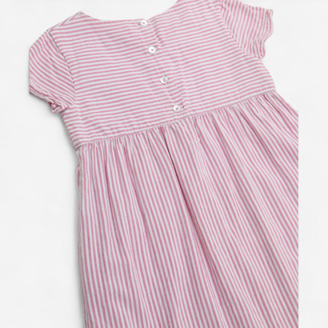 Cotton dress short sleeve white pink stripe pocket