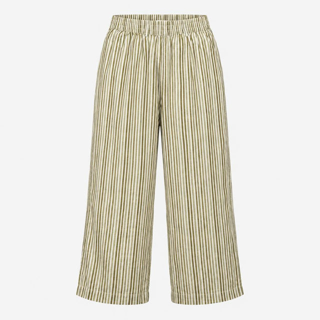 Trousers Green White Linen Rich Striped Elasticate