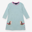 Jersey dress blue striped with patchwork robins