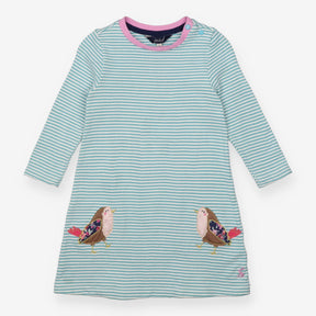 Jersey dress blue striped with patchwork robins
