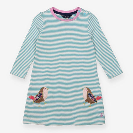 Jersey dress blue striped with patchwork robins