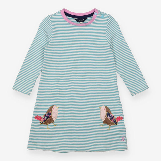 Jersey dress blue striped with patchwork robins