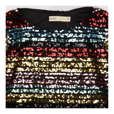Sequin Top Rainbow Stripe Long Sleeve Black