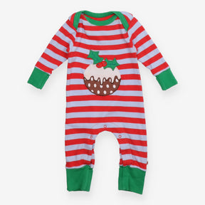 Sleepsuit blue red stripe christmas pudding
