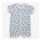 White shortie romper with blue monkeys