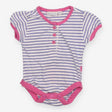 White and Blue Striped Bodysuit with Flower Button
