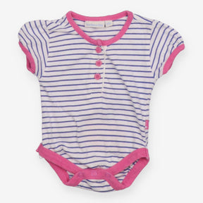 White and Blue Striped Bodysuit with Flower Button