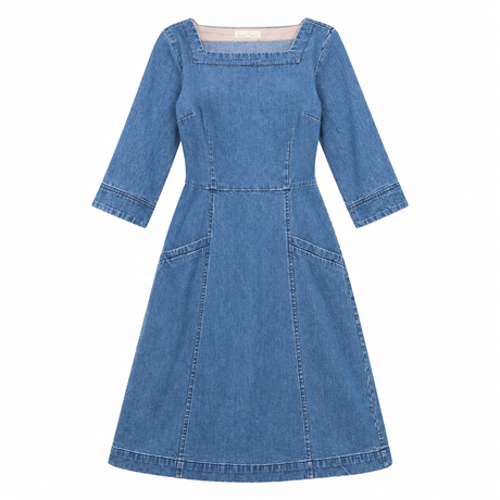 Dress Morrab Blue Denim Cotton Stretch Square Neck
