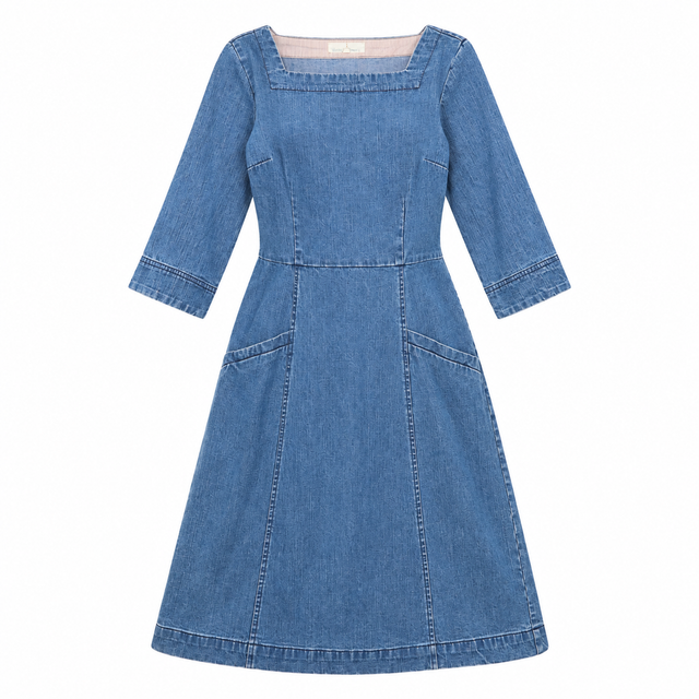 Dress Morrab Blue Denim Cotton Stretch Square Neck