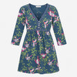 Dress Blue Bird and Leaf Print Long Sleeve Midi V-
