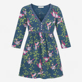 Dress Blue Bird and Leaf Print Long Sleeve Midi V-