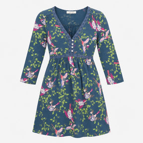 Dress Blue Bird and Leaf Print Long Sleeve Midi V-