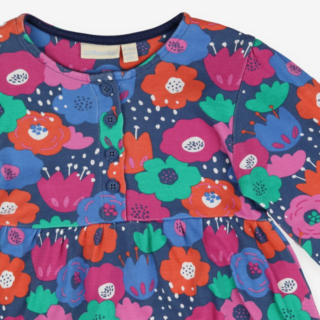Blue Colourful Flowers Dress with Pocket