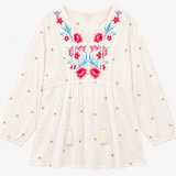 Tunic Top White Floral Embroidered Cotton Tassel T