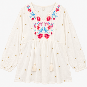 Tunic Top White Floral Embroidered Cotton Tassel T