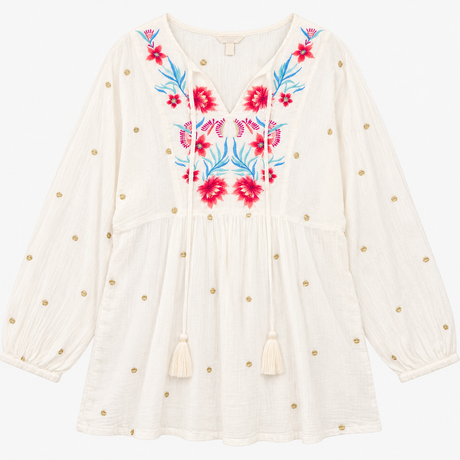 Tunic Top White Floral Embroidered Cotton Tassel T