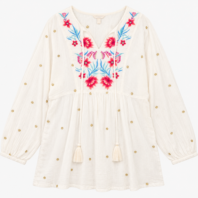 Tunic Top White Floral Embroidered Cotton Tassel T