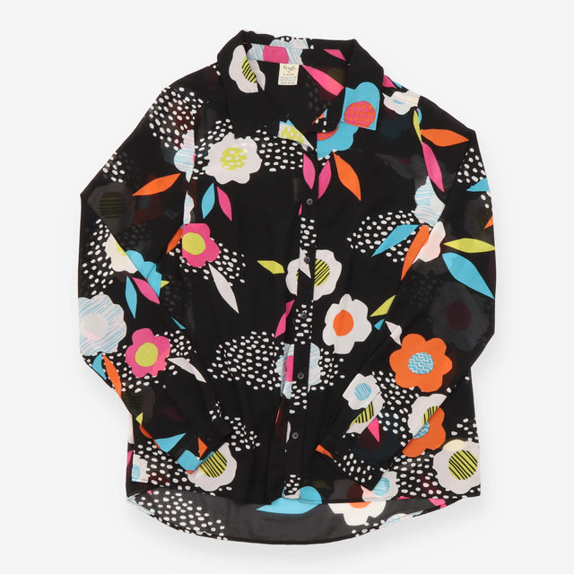 Shirt Blouse Black Floral Print Button Down Long S