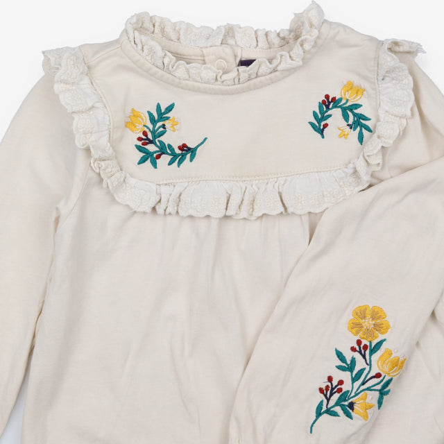 Cream Long Sleeve with Flower Stitching 