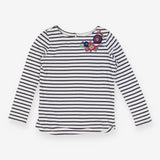 T-Shirt Long Sleeved Navy Stripe Flower Applique