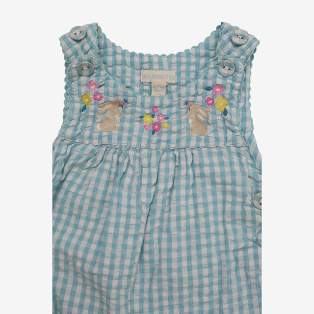 Romper Blue Gingham with Bunnies and Flowers