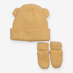 Beanie  With Ears and Gloves Ribbed Yellow