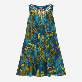 Kingfisher Teal Silk Peacock Feather Print Sequin 