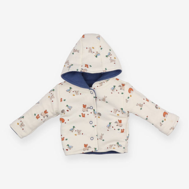 Reversible hooded cardigan blue and white with fox