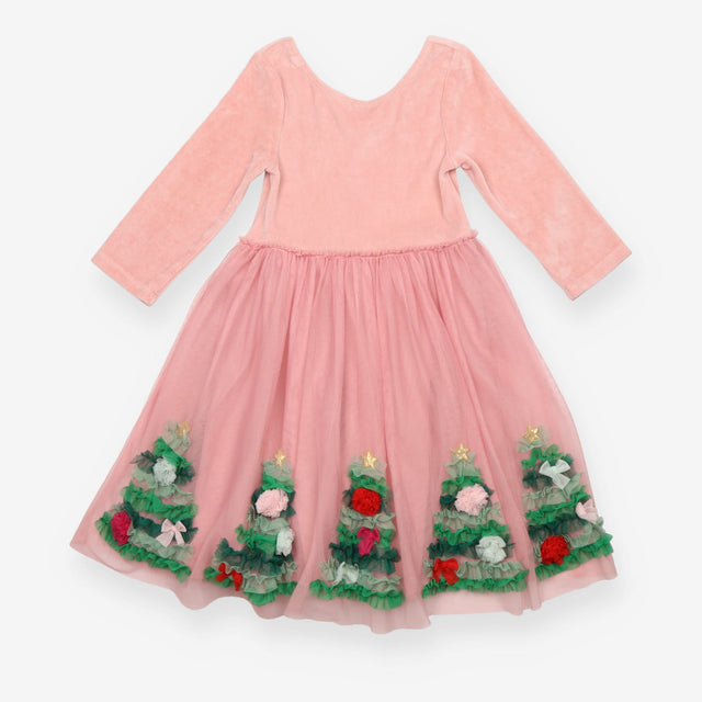 Dress pink velour top tuille skirt christmas trees