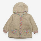 Jacket fur floral trim pockets