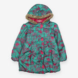 Puffer Coat green pink outline flowers fur hood