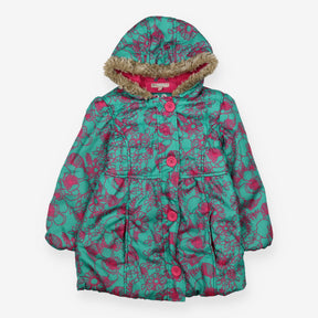 Puffer Coat green pink outline flowers fur hood