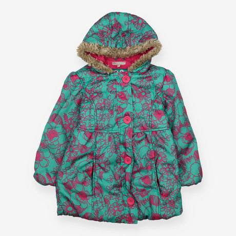 Puffer Coat green pink outline flowers fur hood