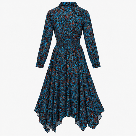 Midi Dress Black Blue Print Shirred Waist Long Sle