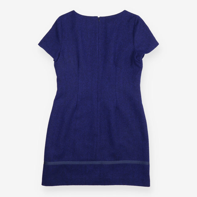 Shift Dress Navy Herringbone Satin Trim Short Slee