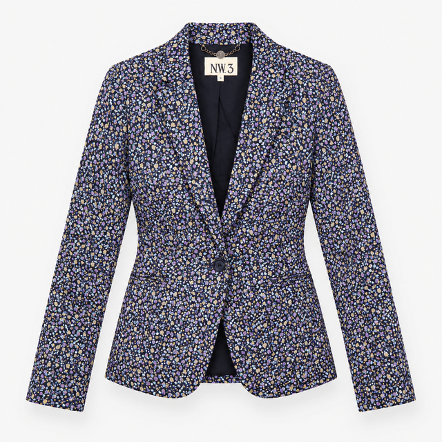 Navy Ditsy Floral Cotton Tailored Blazer