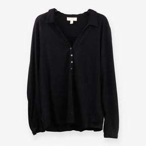 Black Jersey Button‑Front Shirt with Pearl Detail