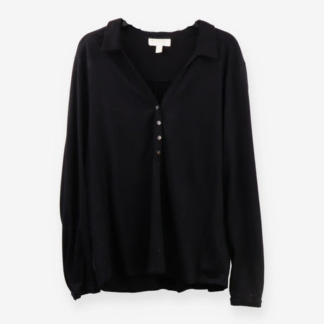 Black Jersey Button‑Front Shirt with Pearl Detail