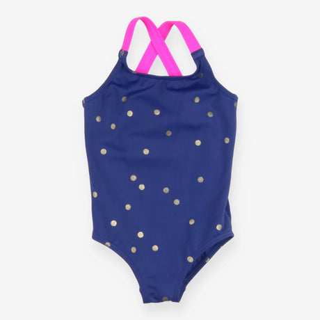 Swimsuit blue gold spots pink straps