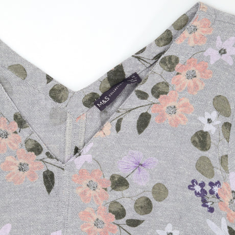 Midi Dress Grey Peach Floral Relaxed Short Sleeve