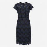 Dress Navy Blue Lace Floral Cap Sleeve Midi Round 