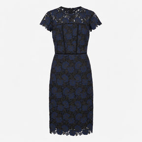 Dress Navy Blue Lace Floral Cap Sleeve Midi Round 
