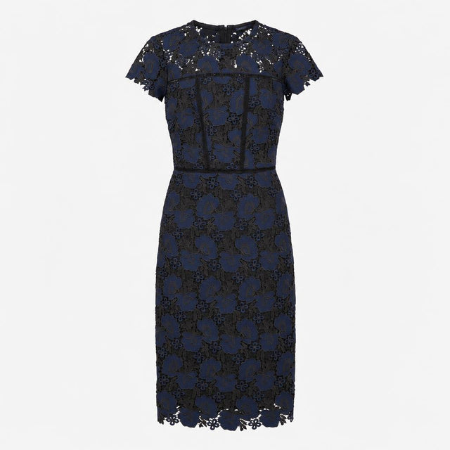 Dress Navy Blue Lace Floral Cap Sleeve Midi Round 